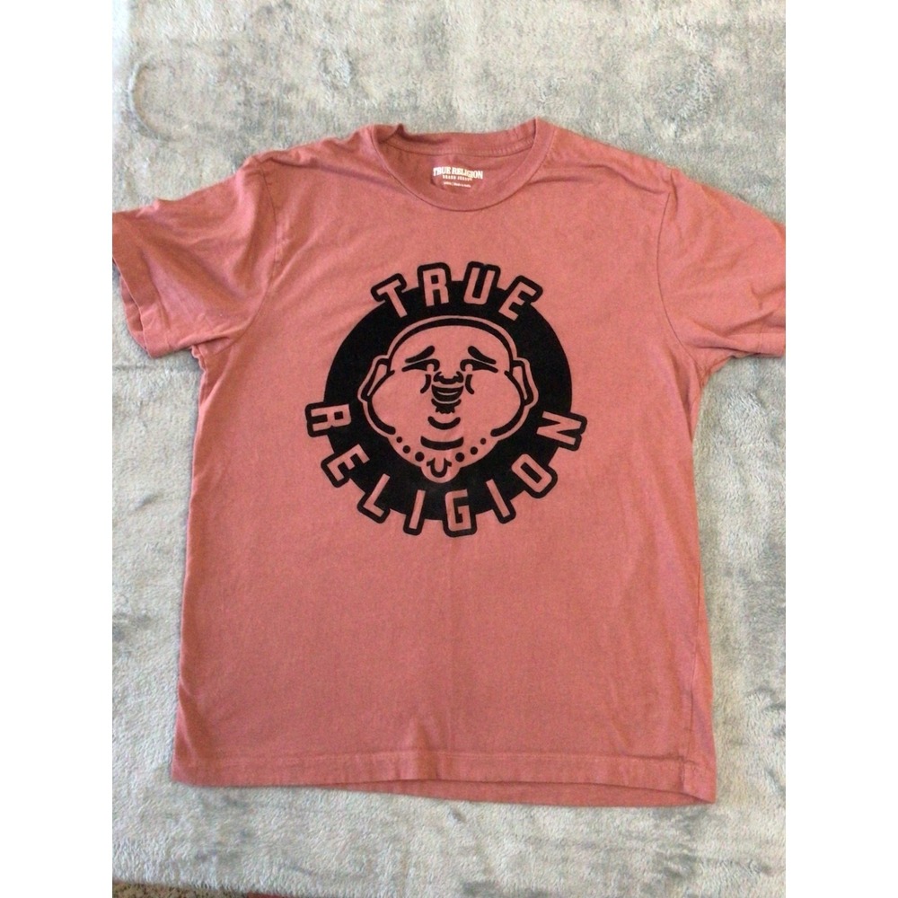 True Religion Men's Short Sleeve T-Shirt Large Red Buddha Face 100% Cotton